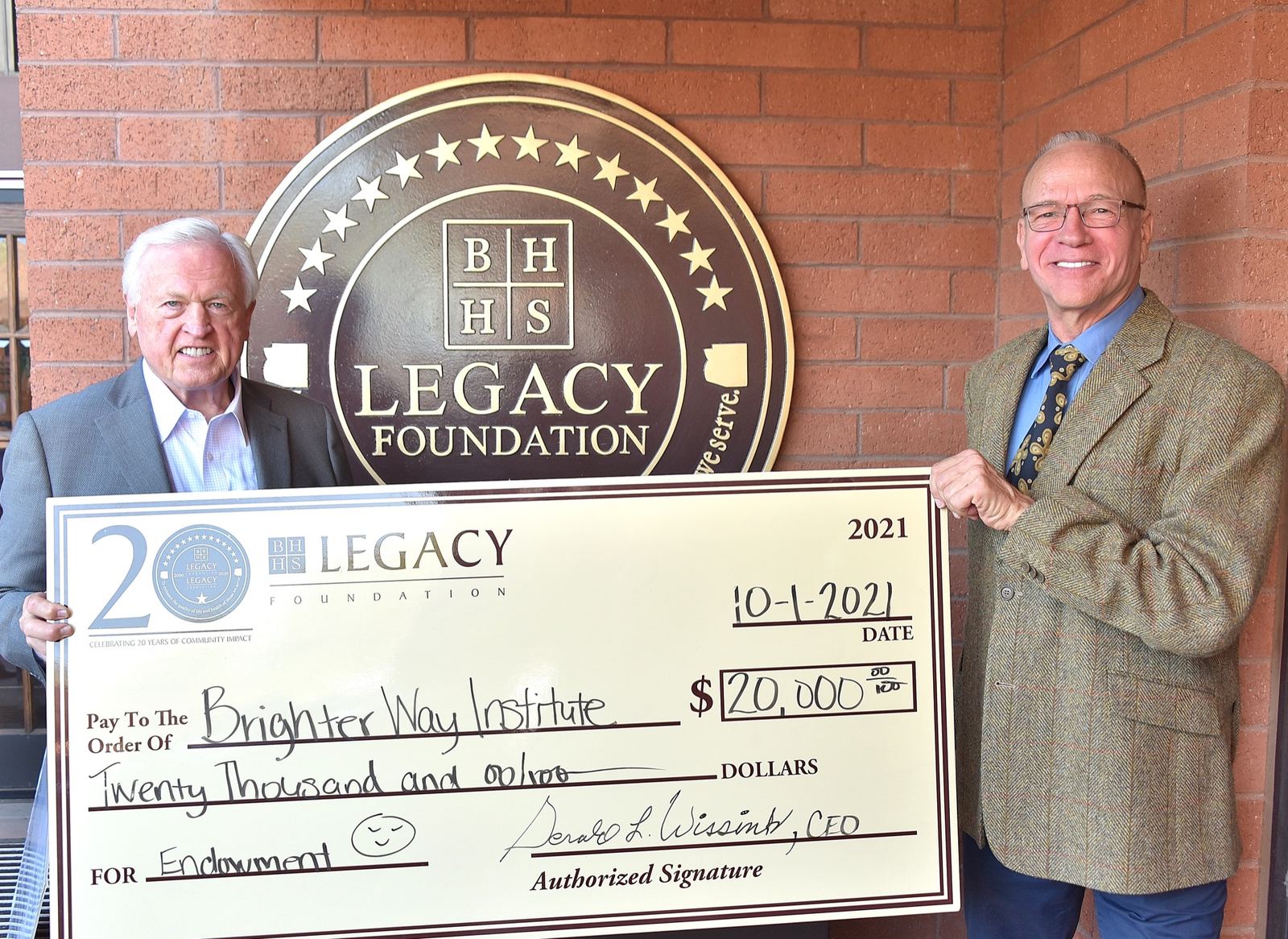 Legacy Foundation representatives presenting a $20,000 gift to Brighter Way Institute in 2021